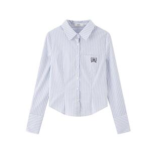 三福条纹衬衫2026新款春季学院风刺绣收腰短款长袖上衣女装517643
