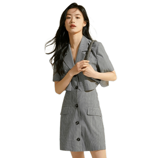 vilan/慧兰连衣裙女气质夏季新款时尚气质通勤直筒修身条纹中长裙