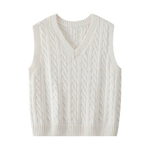 100%纯棉V领麻花针织背心女无袖套头毛衣马甲叠穿内搭