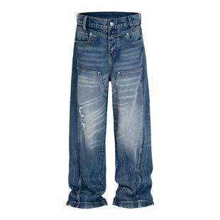 BTSG美式复古洗水波纹伐木绿松石牛仔裤baggy宽松阔腿工装休闲裤