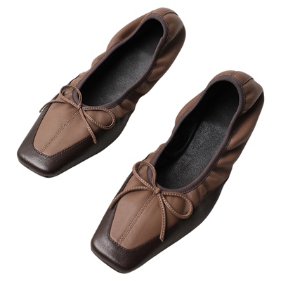 TANG TOWN 软芭蕾~法式方头浅口蝴蝶结云朵羊皮拼色平底单鞋 春夏