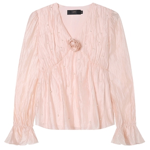 白鹿语法式温柔V领钉珠花朵衬衫26春新款高级感甜美气质长袖上衣