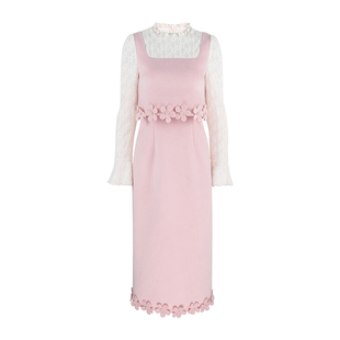 韩语琳 温柔甜美粉色假两件连衣裙2026法式修身气质拼接背心长裙