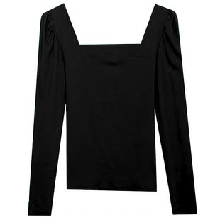 法式方领泡泡袖上衣女黑色气质性感露锁骨短袖正肩t恤夏季新款潮