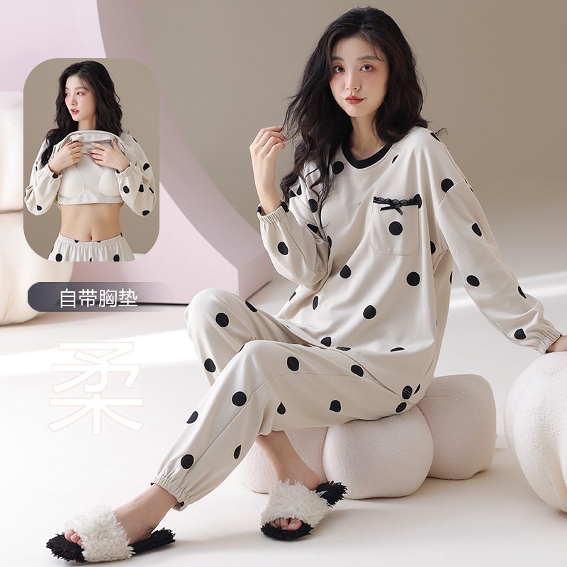 【纯棉】40支双面睡衣女士显白带胸垫春秋季长袖家居服圆领秋冬款