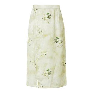 红袖国风半身裙2024夏季新款女装印花开叉新中式中长裙