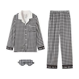 秋冬季新款情侣睡衣女冰丝绸缎面加绒加厚保暖千鸟格银狐绒家居服