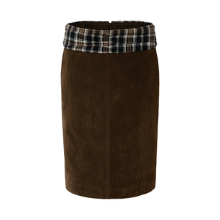 「heris」抽皱格纹拼接 柔软环保麂皮 低腰直筒显瘦百搭半裙秋冬