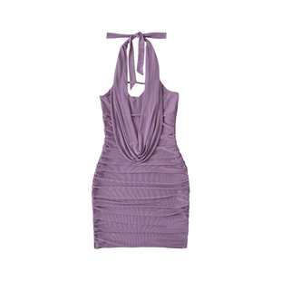 YoungGirlDay纯欲风性感荡领露背网纱褶皱包臀系带挂脖连衣裙短裙