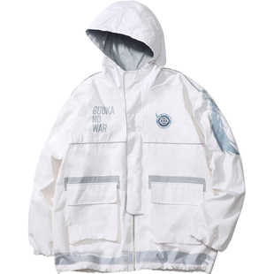 GUUKA潮牌白色连帽风衣男冬季 嘻哈夹克情侣运动多袋工装外套宽松