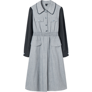 MEETLADY复古法式翻领拼接高腰连衣裙女2023春秋新气质收腰衬衫裙