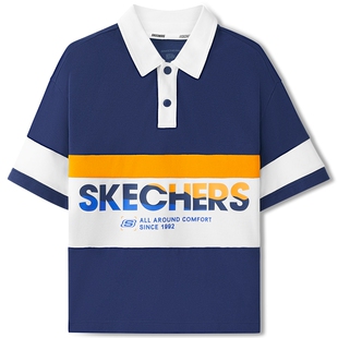 斯凯奇outlets童装男童梭织衬衫儿童T恤休闲蓝色透气翻领短袖衫