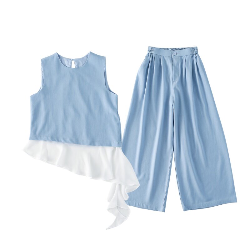 女童无袖套装夏季新款韩版女孩两件套仿牛仔中大童休闲童装夏衣服
