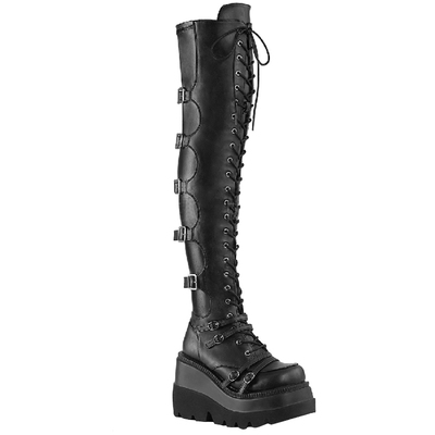 过膝靴坡跟内侧拉链前系带长靴女