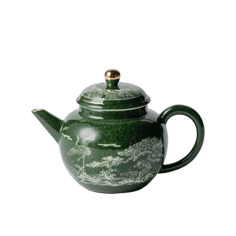 植述 墨绿描金云鹤观潮功夫茶具套装轻奢一壶四杯家用送长辈商务