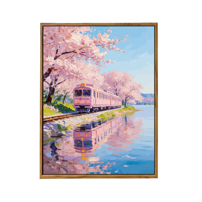 春天列车富士山樱花风景数字油画