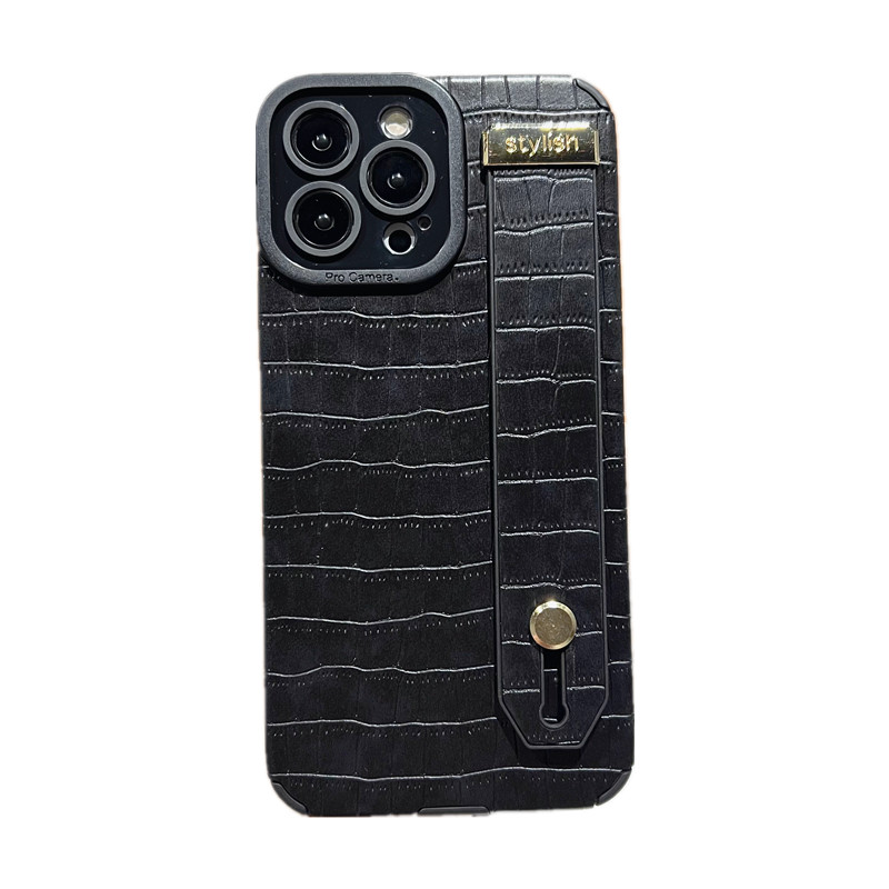 简约黑色鳄鱼纹手腕带适用iPhone14手机壳苹果16/15pro高级感13/12皮质11promax防摔xsmax硅胶