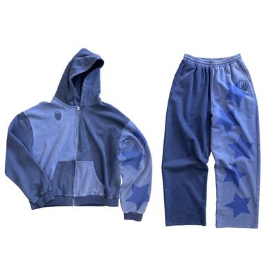 FOURFORTY PATCHWORK SHADOW STARS  水洗法工蓝卫衣卫裤套装