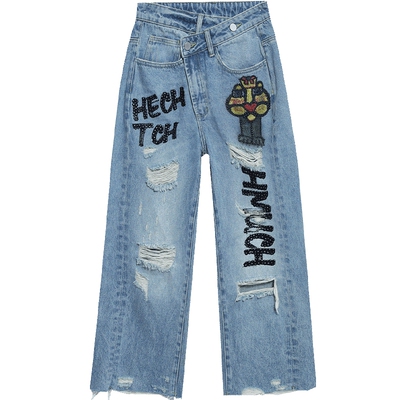 潮牌直筒TCH九分裤破洞