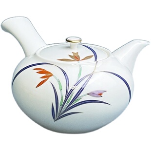 日本进口金标香兰社侧把壶蓝色兰花草套装茶具套装陶瓷功夫茶具套