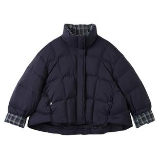 快鱼云朵泡芙羽绒服女2025年冬拼接格纹时尚翻领厚短款羽绒衣外套