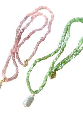 春夏新款青提猫眼天然巴洛克珍珠项链女双层叠戴锁骨链小众高级感