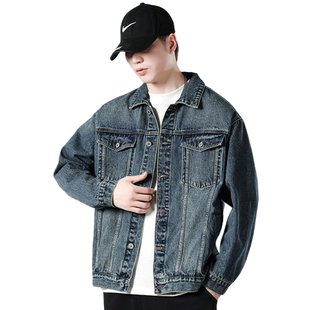 秋季新款男士牛仔外套复古怀旧帅气翻领秋冬夹克日系宽松潮流上衣