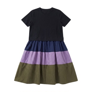 a02设计感撞色拼接大摆圆领短袖假两件连衣裙女夏2026宽松t恤裙