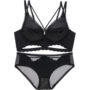 内衣女性感聚拢小胸秋冬薄款文胸套装镂空美背肩带胸罩黑色aa杯