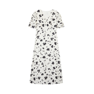 TKY SHOP气质V领印花连衣裙2025夏新款白底黑花优雅轻奢碎花长裙