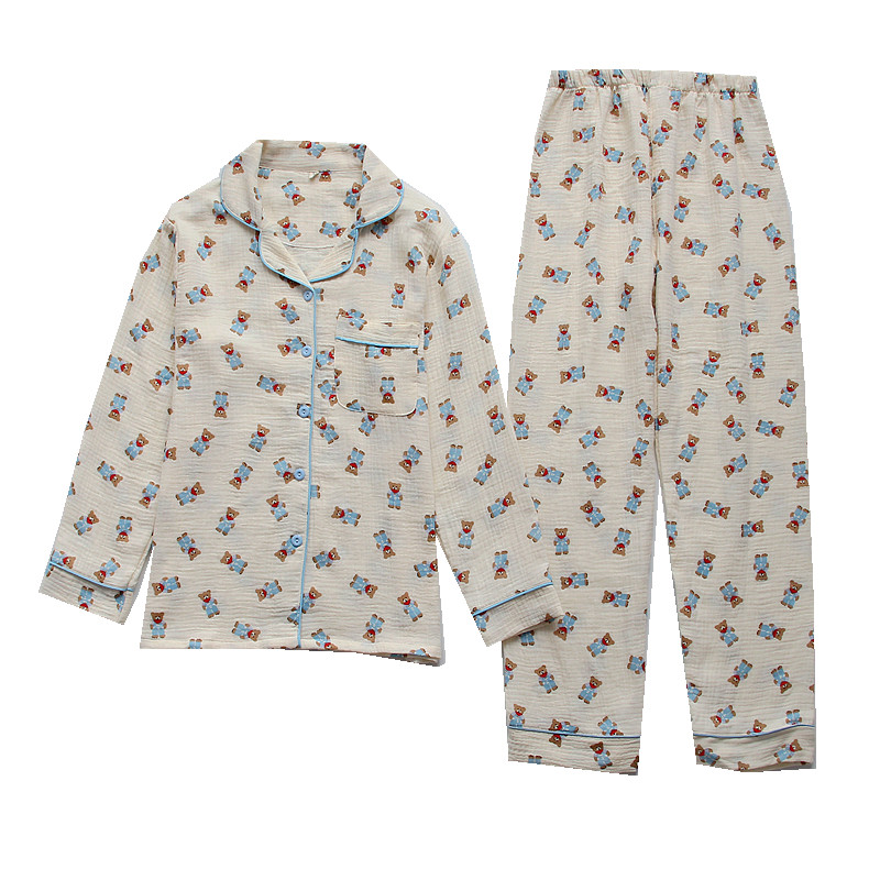 安瑞朵春秋女款纯棉双层纱布睡衣套装全棉长袖长裤家居服多花色
