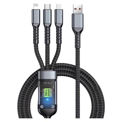 新款100w一拖三快充数据线车载三合一带灯超级闪充适用苹果iphone华为荣耀小米Type-C安卓vivo充电器多头一拖