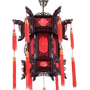 实木宫灯中式阳台大红六角羊皮古典春节新年吊灯挂饰户外仿古灯笼