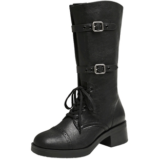 Tata他她复古粗跟中筒靴女鞋休闲机车靴骑士靴2024冬新款7C671DS4