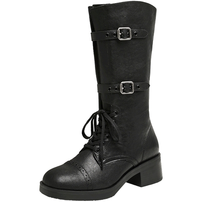 Tata他她复古粗跟中筒靴女鞋休闲机车靴骑士靴2024冬新款7C671DS4