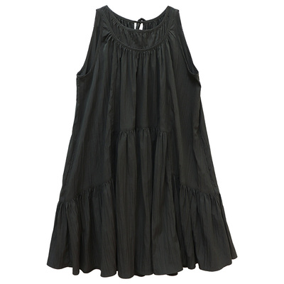 密织微皱料无袖长短款抽褶连衣裙