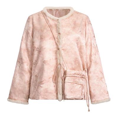 莨西子新中式轻国风桑蚕丝棉服外套女秋冬年轻款粉色棉衣棉袄短款