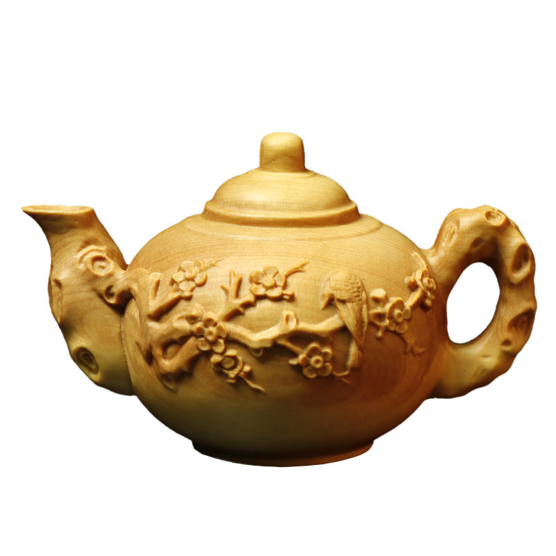黄杨木雕刻梅花茶壶摆件手把