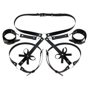 PU皮黑色朋克哥特束腹收腰蝴蝶结腰带腿环手圈一体 手链 性感臀带