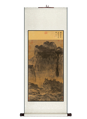 玄关过道中式溪山行旅图卷轴挂画