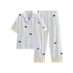 芬腾睡衣女夏季新款冰丝凉感短袖套装时尚休闲宽松大码女款家居服