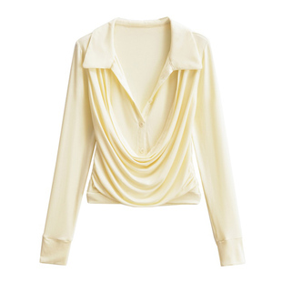 【包邮】欧美风新款荡领假两件长袖翻领修身收腰褶皱设计感上衣女