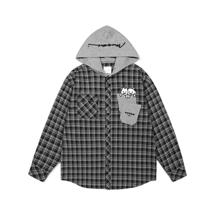 左奇函同款GUUKA长衬衣小狗刺绣连帽外套 matsui联名美式格子衬衫