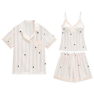 冰丝睡衣女夏季带胸垫性感吊带短袖短裤蕾丝三件套装纯欲风家居服