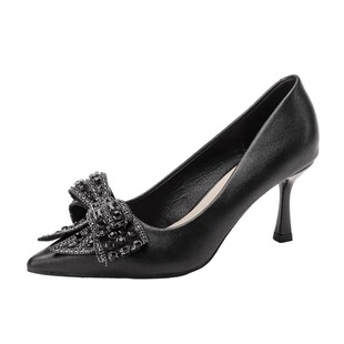 羊皮法式设计感小众气质名媛真皮高跟鞋女秋冬尖头细跟蝴蝶结单鞋