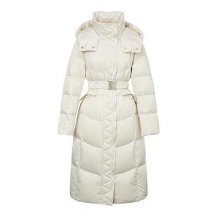 飘蕾白色连帽收腰中长款羽绒服2025冬新款90鸭绒加厚保暖过膝外套