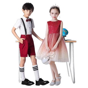 元旦儿童演出服小学生大合唱女童红色礼服舞蹈裙诗歌朗诵表演服装