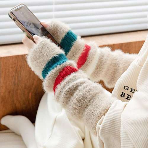 加绒加厚保暖加长款手套袖套手臂套秋冬款女孩大童青少年针织毛绒