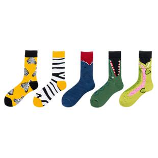 潮牌男女秋冬绿色鳄鱼蓝色鲨鱼斑马纹外贸彩色高筒中长筒袜子