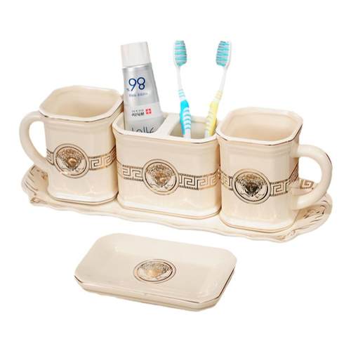 卫浴五件套欧式陶瓷牙刷杯带把手卫生间漱口杯带托盘新婚礼品